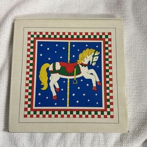 2 Carousel Horse  Trivet Tile Wall DecorHanging‎ Art Square Wood Framed Vintage
